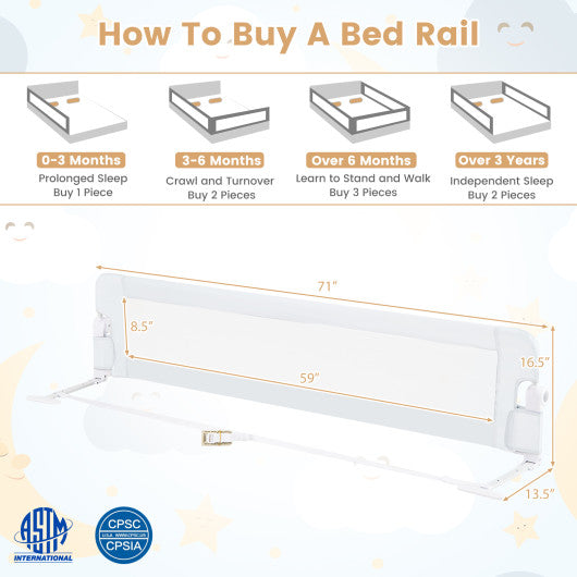 71-Inch Foldable Bed Rail Swing Down Baby Bed Guard Rail with Adjustable Safety Strap-White