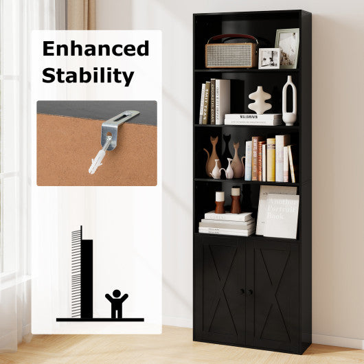 71 Inch Freestanding Bookshelf with 6 Shelves and 2-Door Cabinet-Black