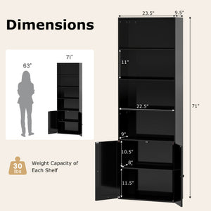 71 Inch Freestanding Bookshelf with 6 Shelves and 2-Door Cabinet-Black