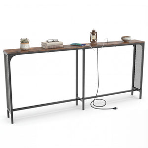 71 Inch Narrow Console Table with Power Outlet for Small Space-Rustic Brown