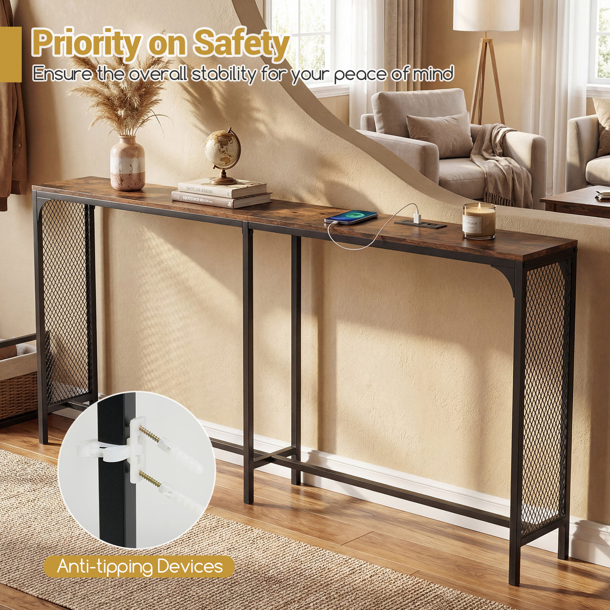71 Inch Narrow Console Table with Power Outlet for Small Space-Rustic Brown