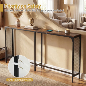 71 Inch Narrow Console Table with Power Outlet for Small Space-Rustic Brown