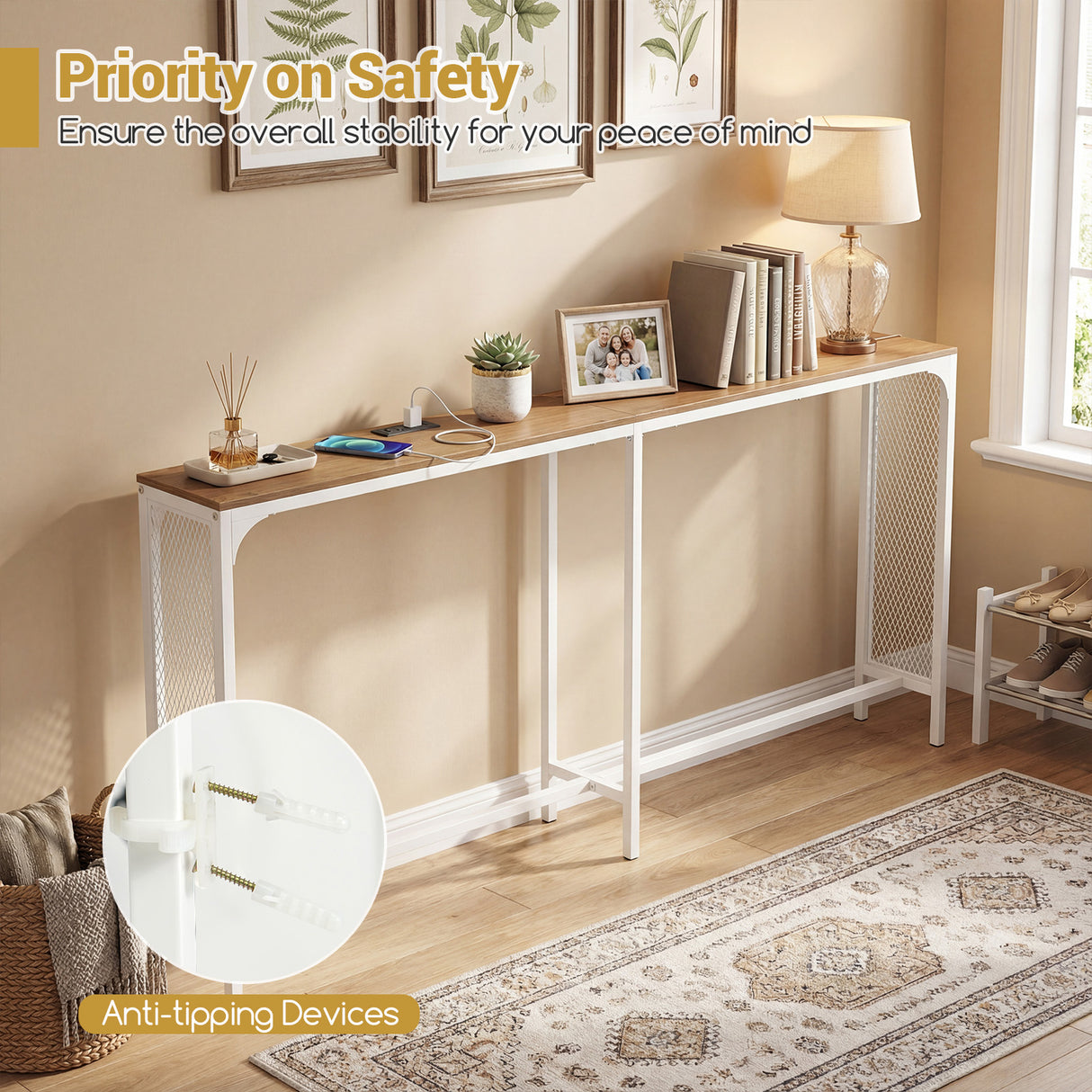 71 Inch Narrow Console Table with Power Outlet for Small Space-Natural