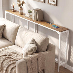 71 Inch Narrow Console Table with Power Outlet for Small Space-Natural