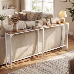 71 Inch Narrow Console Table with Power Outlet for Small Space-Natural