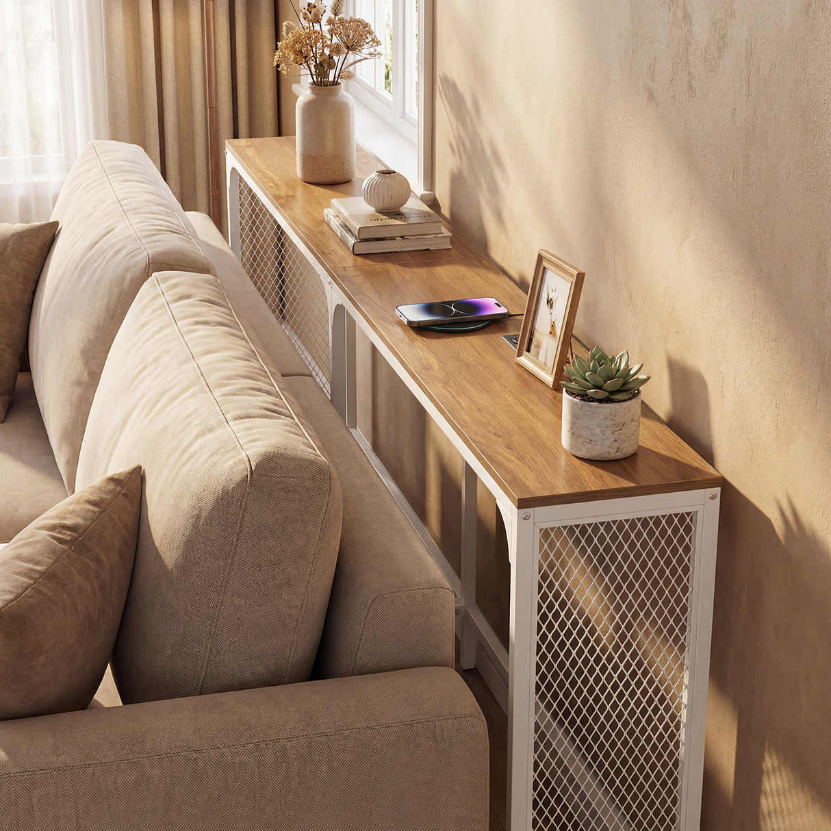 71 Inch Narrow Console Table with Power Outlet for Small Space-Natural