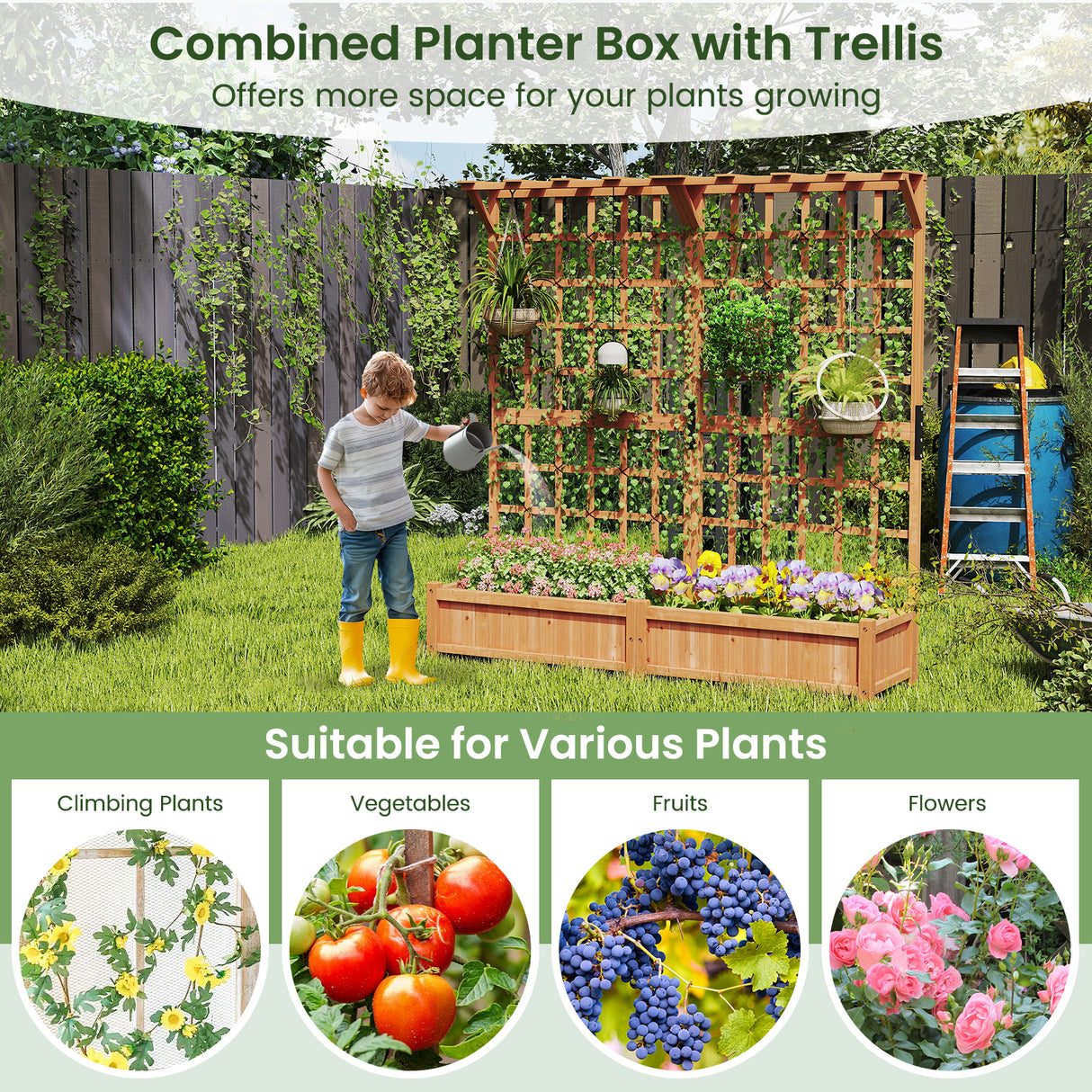 71 Inches Large Wooden Planter Container with Trellis and Hanging Roof-Orange