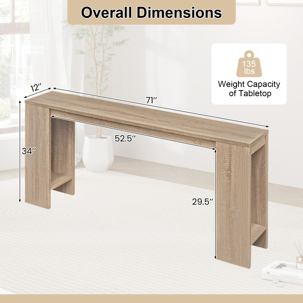 71 Inches Long Console Table with Storage for Hallway-Natural