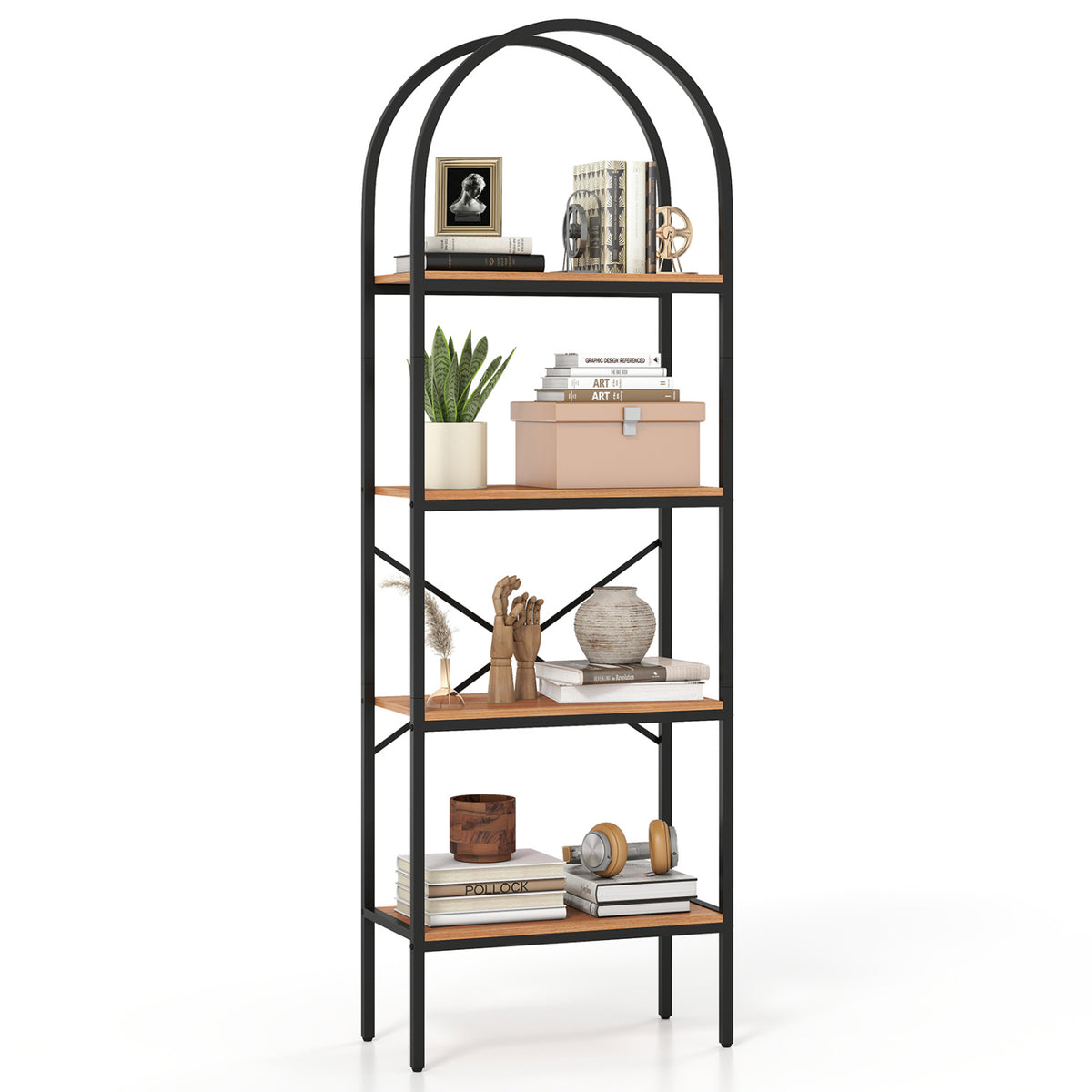 71" Tall Arched Bookcase 4-Tier with Storage Shelves & Metal Frame for Home Office-Brown & Black