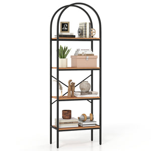 71" Tall Arched Bookcase 4-Tier with Storage Shelves & Metal Frame for Home Office-Brown & Black