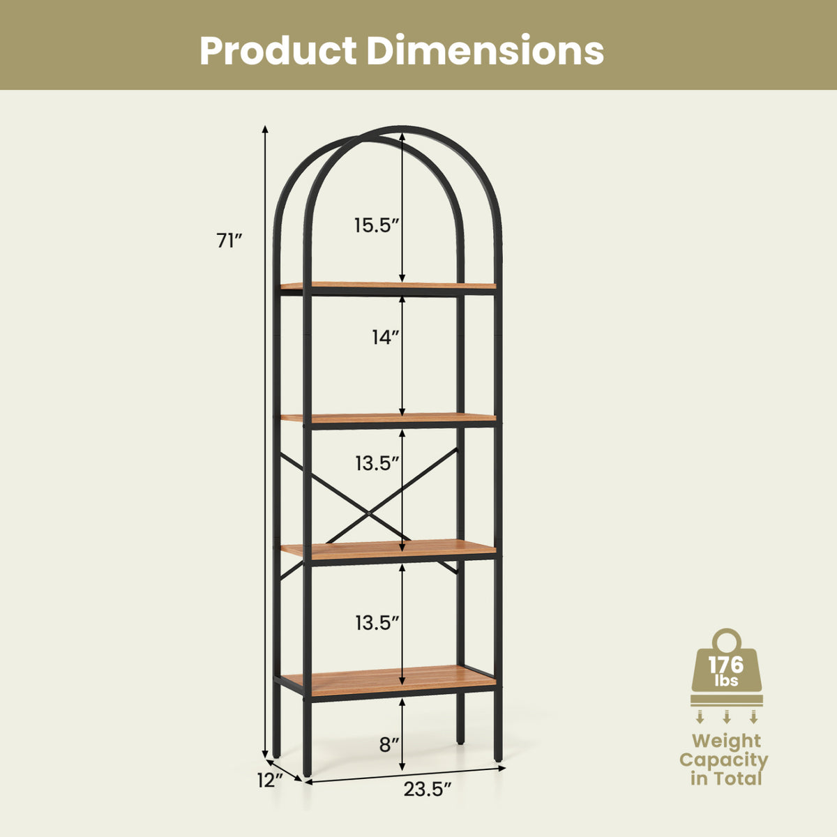71" Tall Arched Bookcase 4-Tier with Storage Shelves & Metal Frame for Home Office-Brown & Black