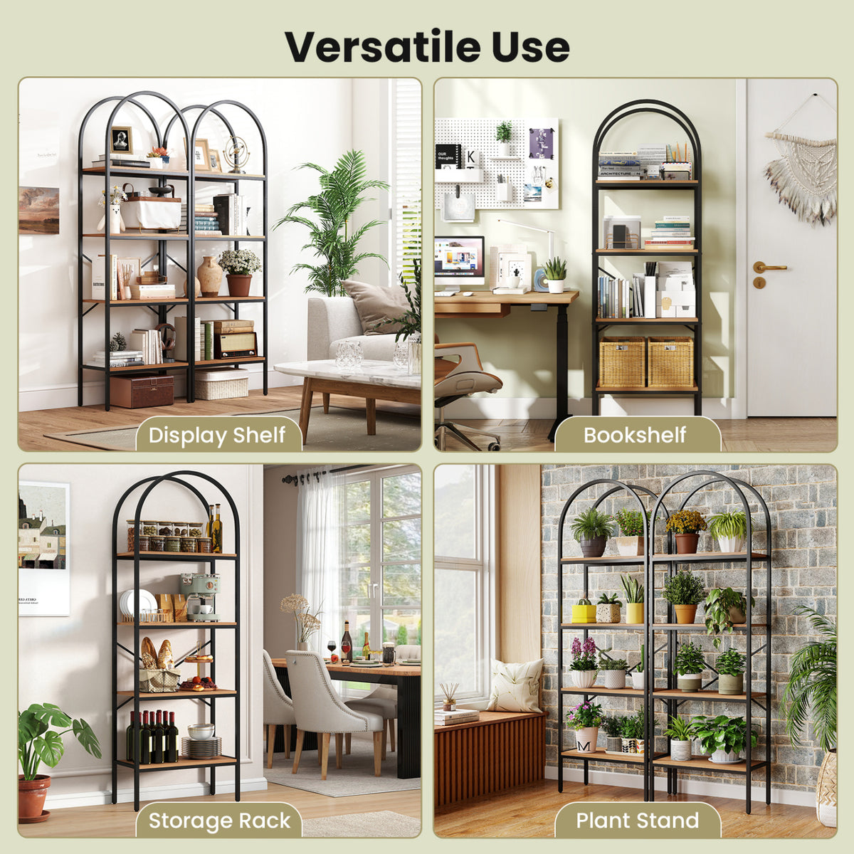 71" Tall Arched Bookcase 4-Tier with Storage Shelves & Metal Frame for Home Office-Brown & Black