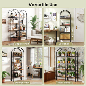 71" Tall Arched Bookcase 4-Tier with Storage Shelves & Metal Frame for Home Office-Brown & Black
