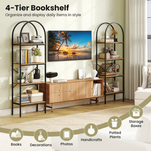 71" Tall Arched Bookcase 4-Tier with Storage Shelves & Metal Frame for Home Office-Brown & Black