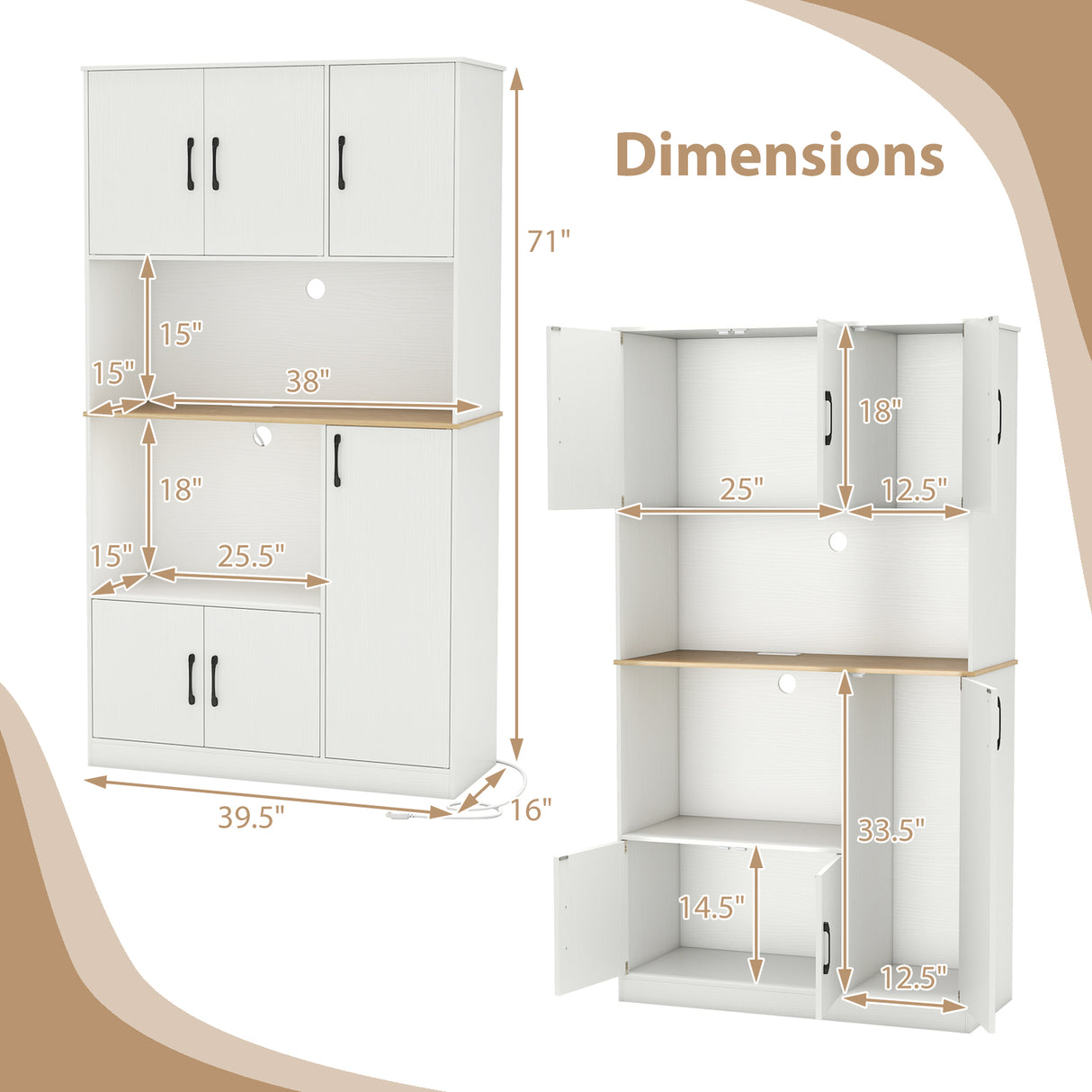 71" Tall Kitchen Pantry Cabinet with Charging Station Wooden Buffet Cupboard Sideboard-White