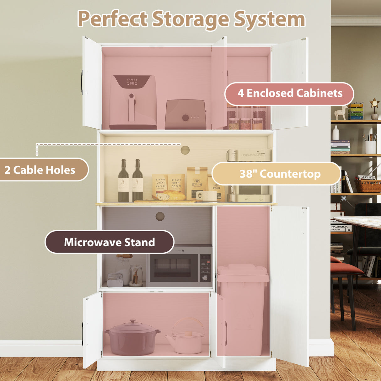 71" Tall Kitchen Pantry Cabinet with Charging Station Wooden Buffet Cupboard Sideboard-White