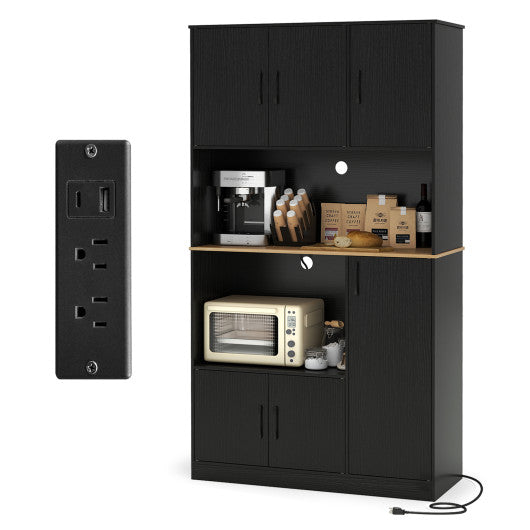 71" Tall Kitchen Pantry Cabinet with Charging Station Wooden Buffet Cupboard Sideboard-Black