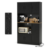 71" Tall Kitchen Pantry Cabinet with Charging Station Wooden Buffet Cupboard Sideboard-Black