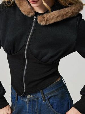 Black Fuzzy Hem Hooded Zip-Up Jacket With Long Sleeves and Casual Style Jacket