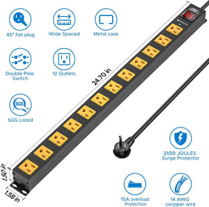 CRST 12 Outlets 2100 Joules Heavy Duty Metal Power Strip Surge Protector, 6FT Extension Power Cord, 15A Circuit Breaker, Mountable