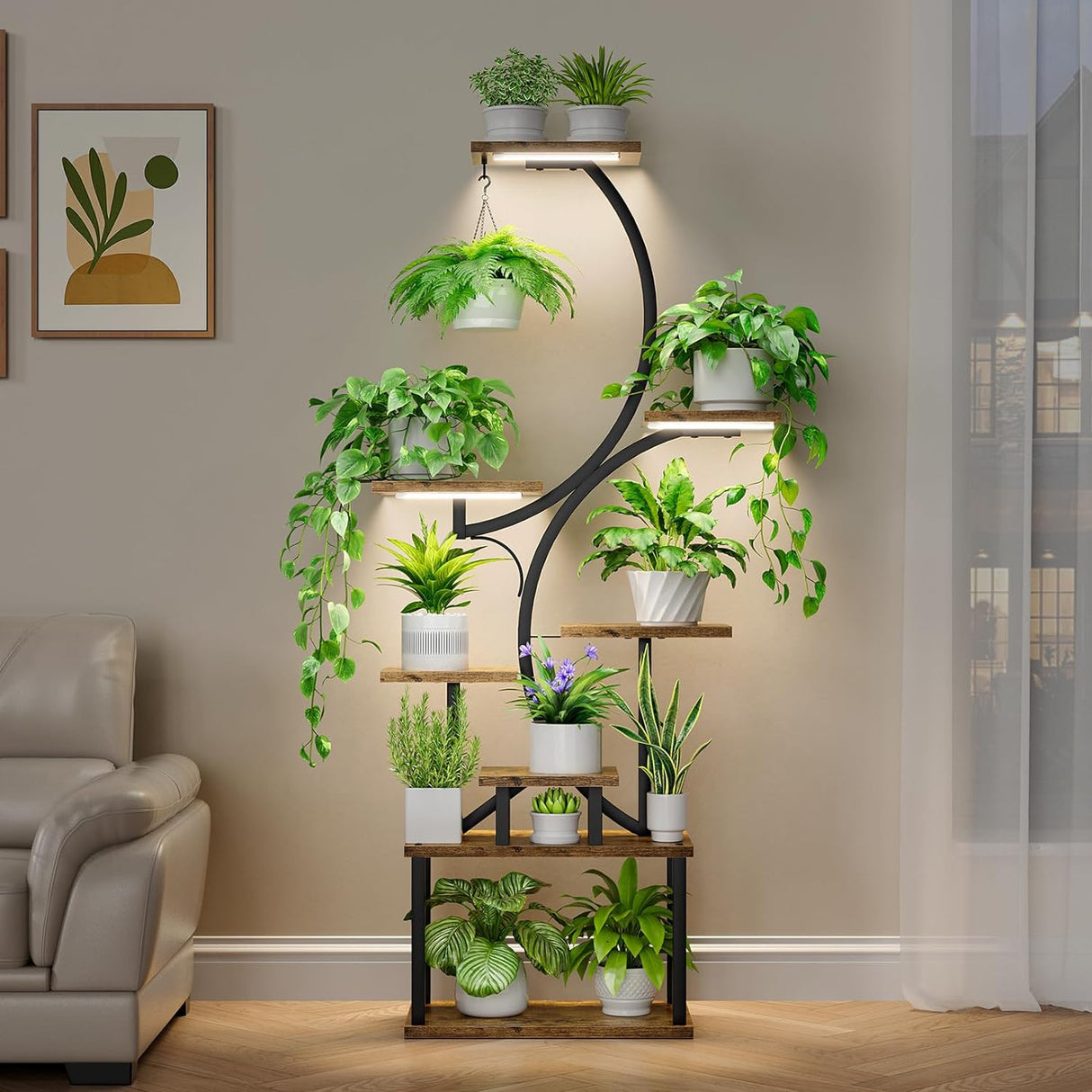 8 Tiered 62" Plant Stand Indoor with Grow Lights, S-Shaped Plant Rack for Home,Patio