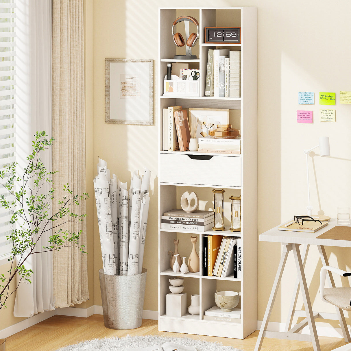 71inch Tall Freestanding Bookcase with Drawer 10-Cube Storage Organizer-White