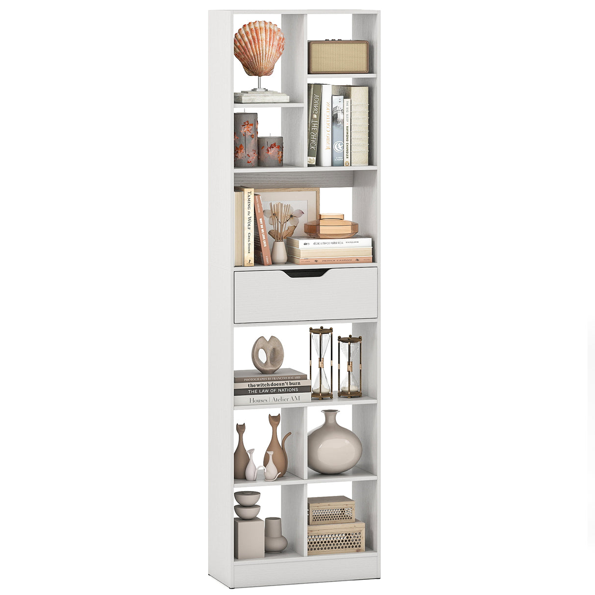 71inch Tall Freestanding Bookcase with Drawer 10-Cube Storage Organizer-White