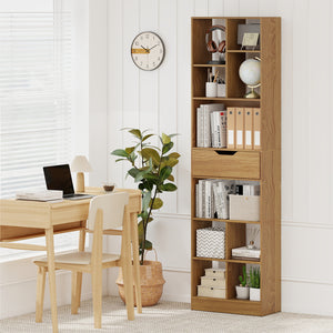 71inch Tall Freestanding Bookcase with Drawer 10-Cube Storage Organizer-Natural