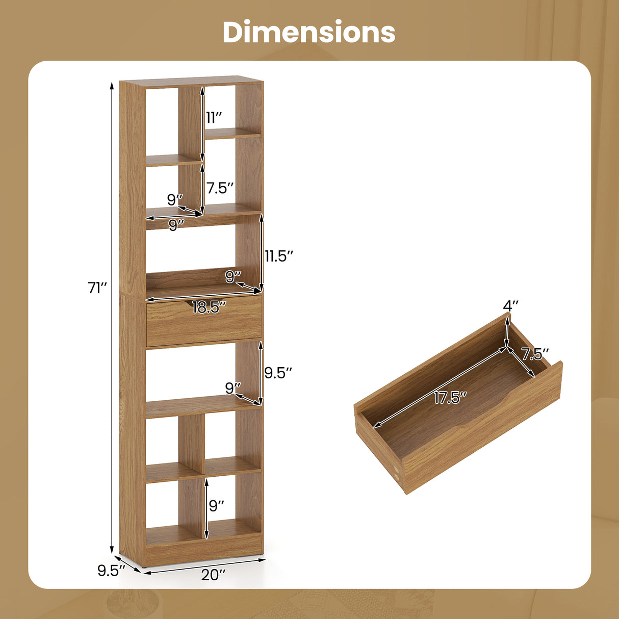 71inch Tall Freestanding Bookcase with Drawer 10-Cube Storage Organizer-Natural