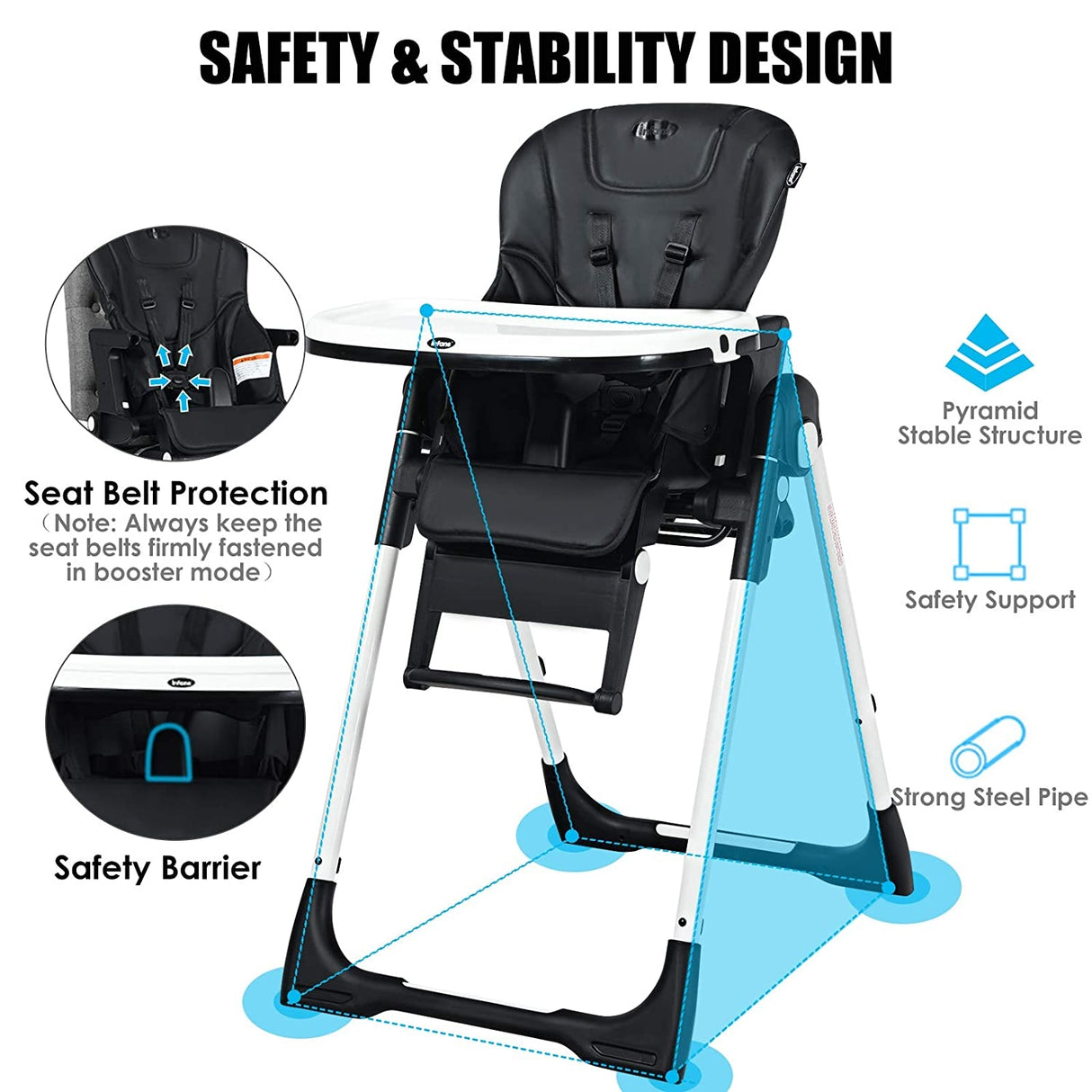 4-in-1 High Chair “Booster Seat with Adjustable Height and Recline-Black