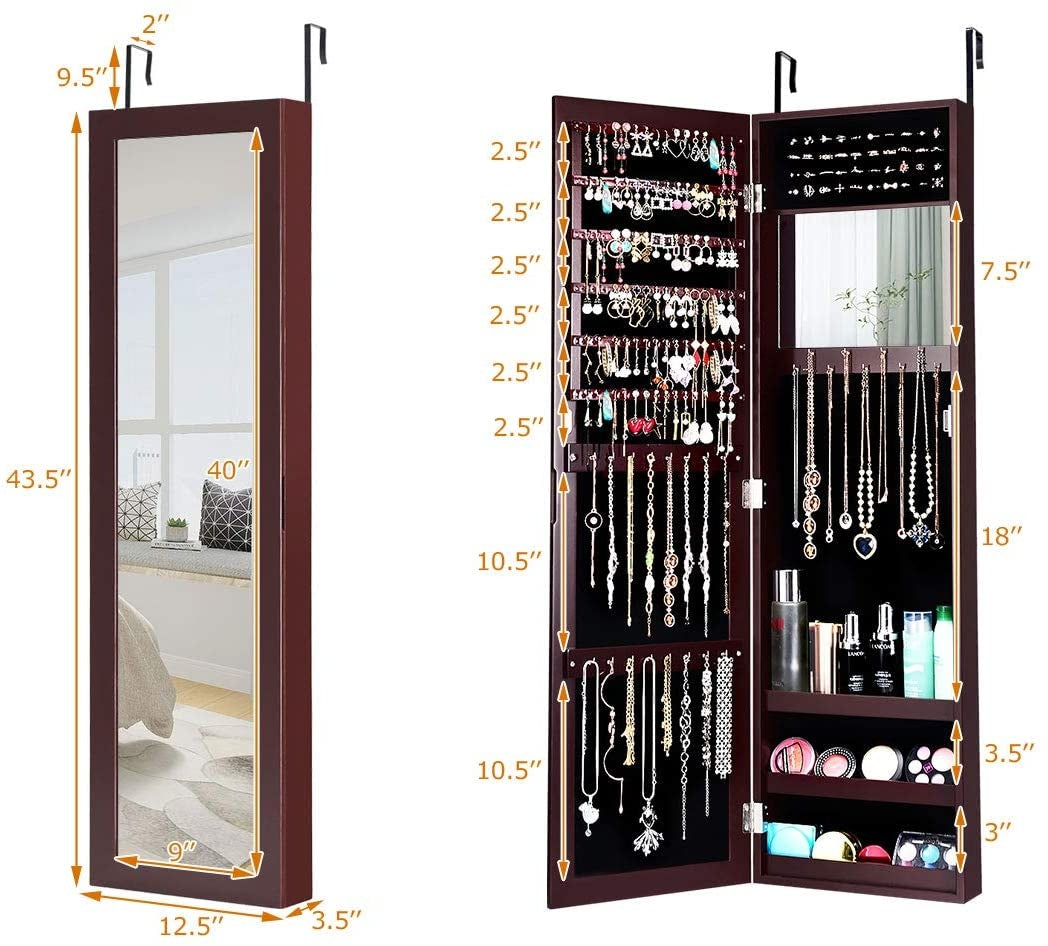 Full Length Mirror Jewelry Cabinet with Ring Slots and Necklace Hooks-Black
