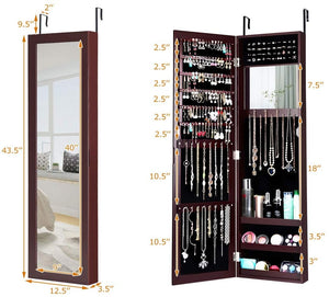 Full Length Mirror Jewelry Cabinet with Ring Slots and Necklace Hooks-Black