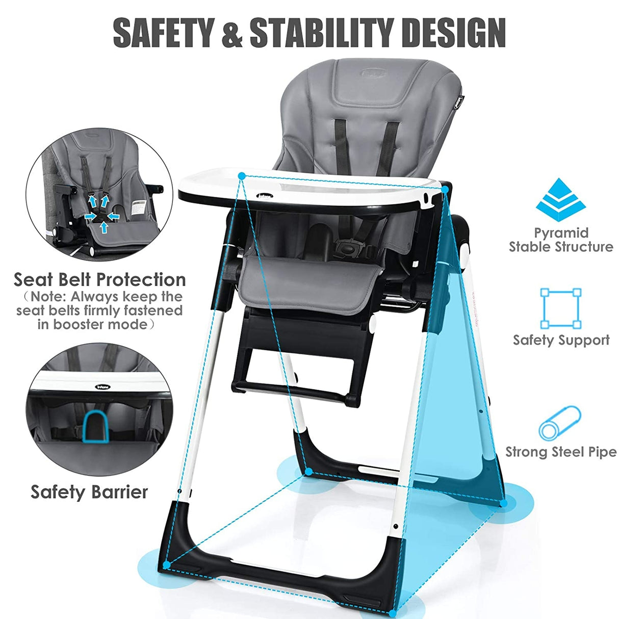 4-in-1 High Chair “Booster Seat with Adjustable Height and Recline-Black