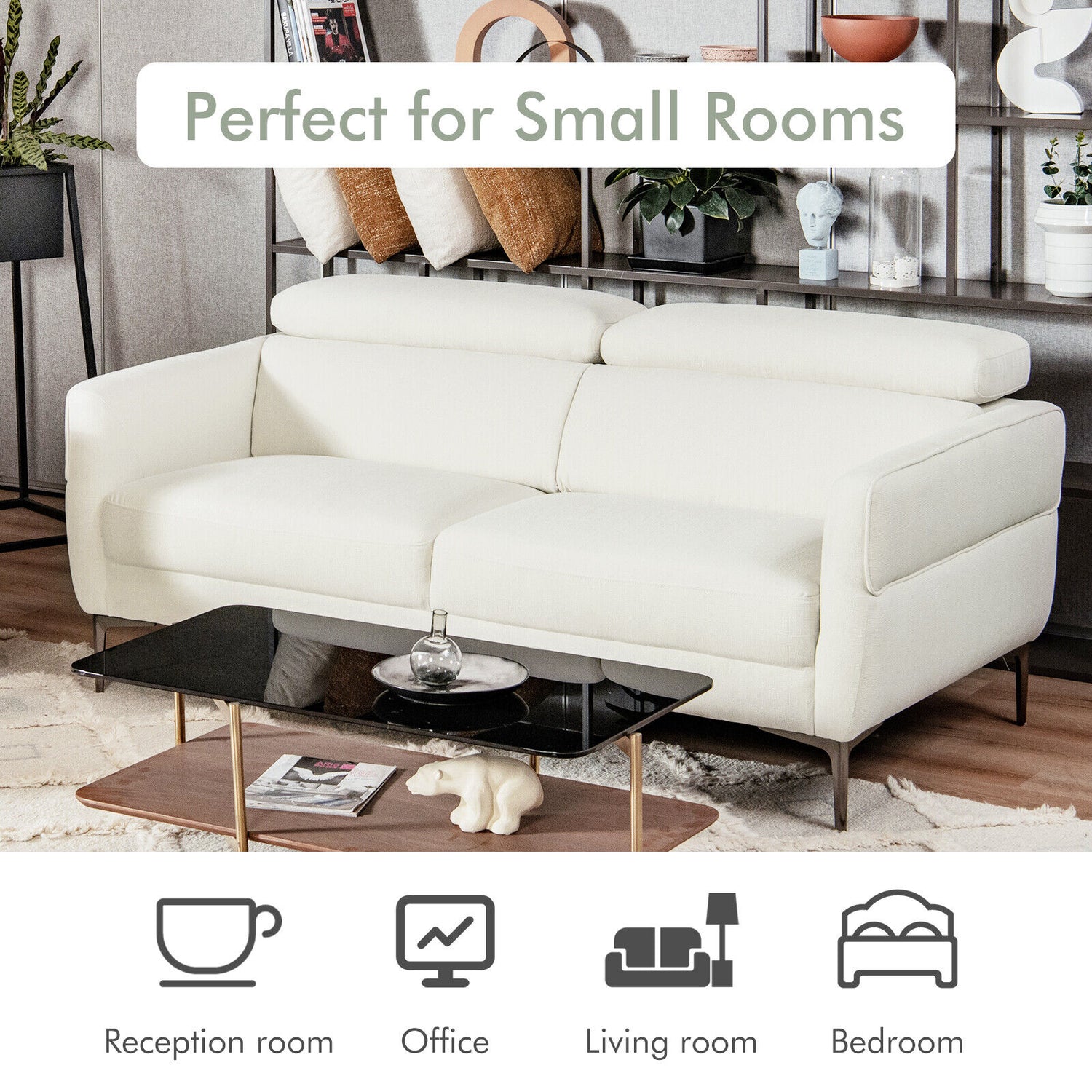 72.5 Inch Modern Fabric Loveseat Sofa Couch with Adjustable Headrest-White