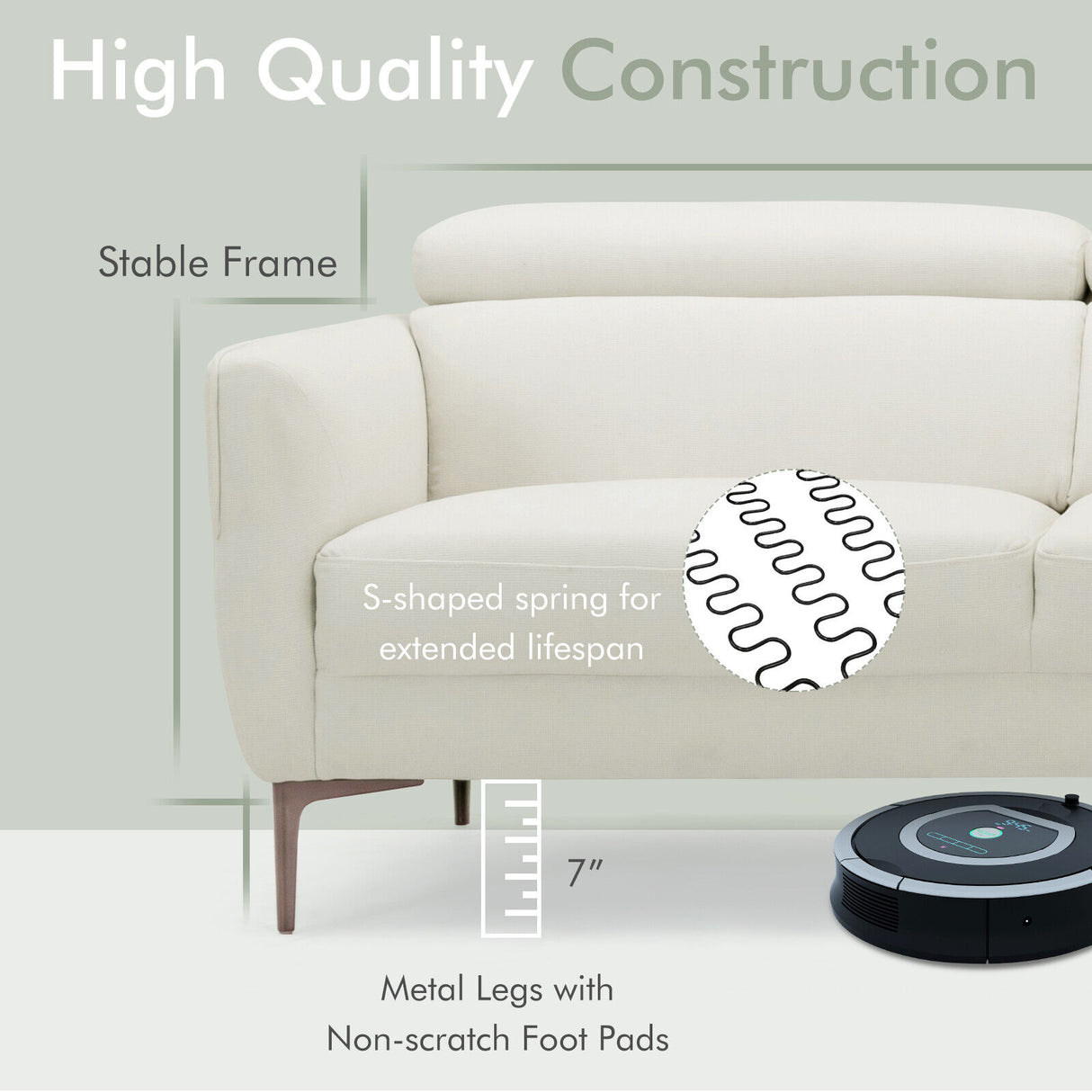 72.5 Inch Modern Fabric Loveseat Sofa Couch with Adjustable Headrest-White