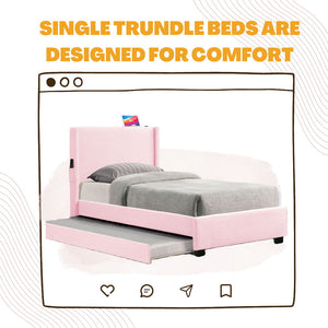 Couch.com Twin Size Upholstered Bed Frame With Trundle Bed, Teddy Fabric, USB Functionality, And A Pocket Design On The Side Of The Headboard For Storing Small Items Baby Pink, with Storage by Couch.com