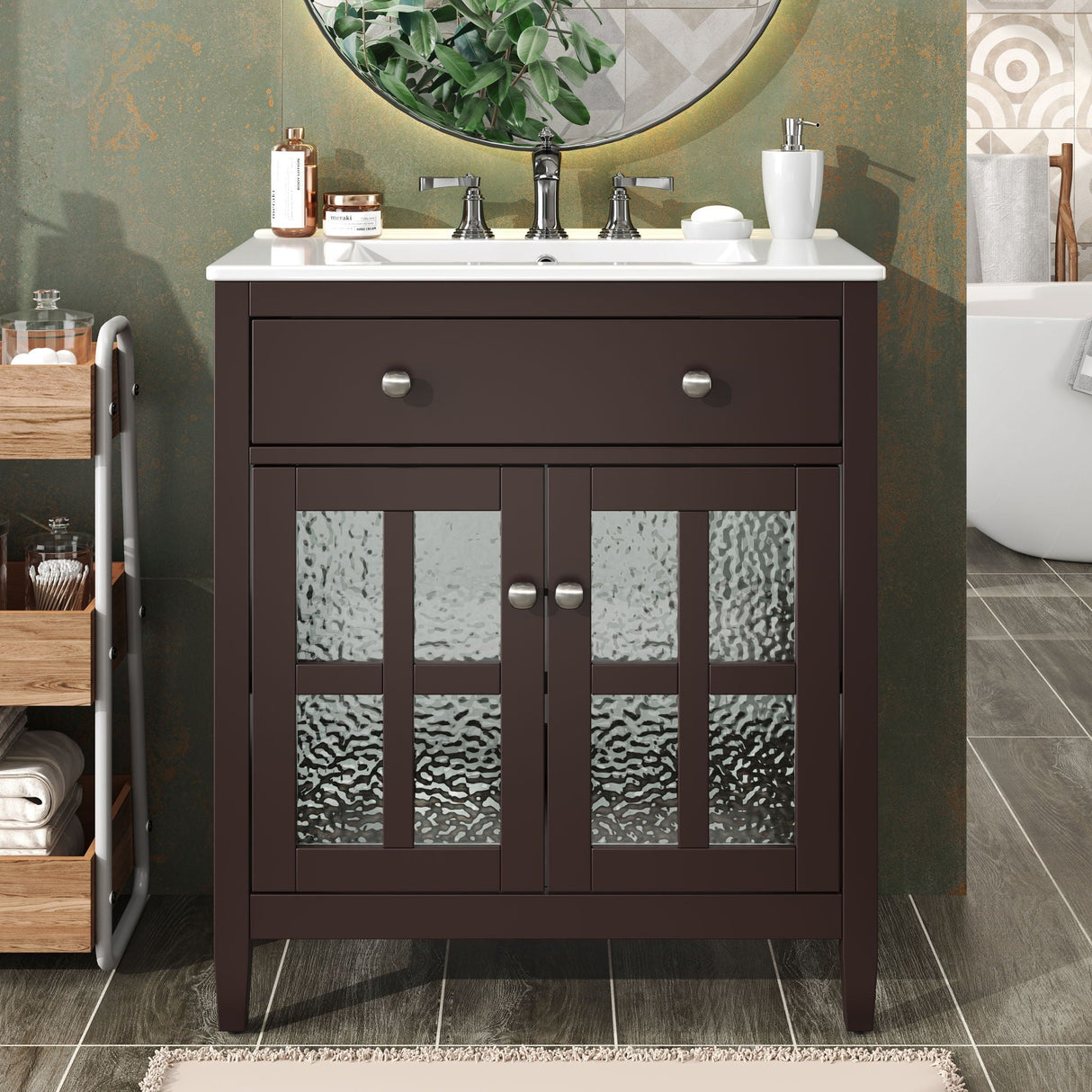 Bathroom Vanity With Ceramic Sink, Adjustable Shelf & Tip Out Tray