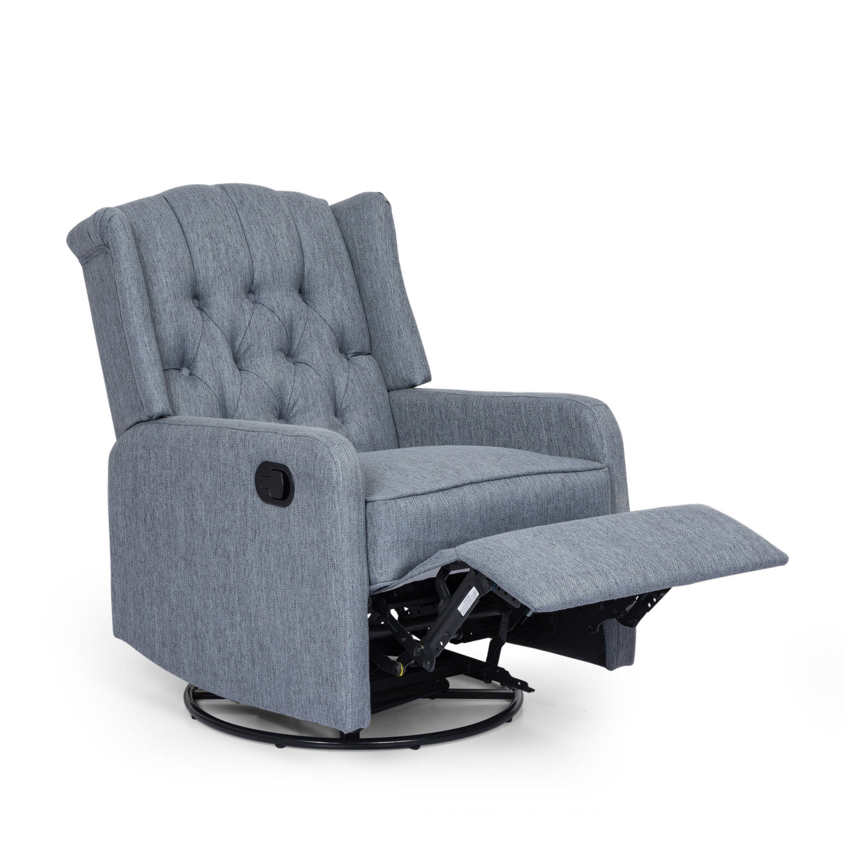 The Classic Design Manual Recliner Chair in light grey features a tufted backrest, partially extended footrest, manual recline handle on the side, and a 360-degree swivel base for a modern and comfortable look.