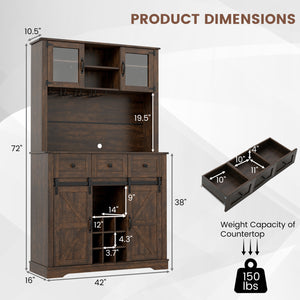 72 Inch Coffee Bar Cabinet with Drawers and Sliding Barn Doors-Brown