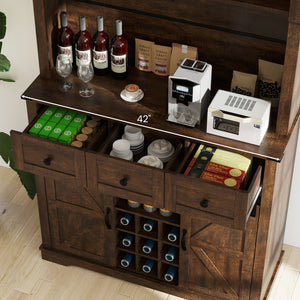 72 Inch Coffee Bar Cabinet with Drawers and Sliding Barn Doors-Brown
