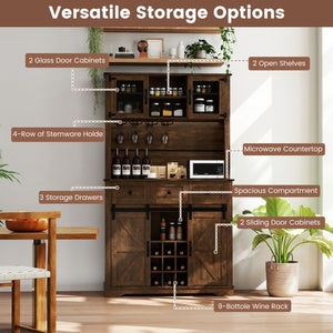 72 Inch Coffee Bar Cabinet with Drawers and Sliding Barn Doors-Brown