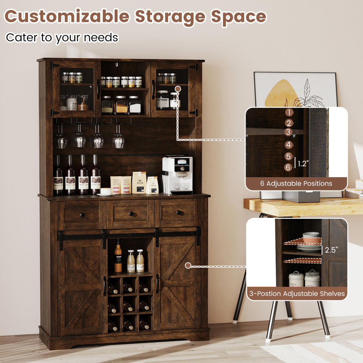 72 Inch Coffee Bar Cabinet with Drawers and Sliding Barn Doors-Brown