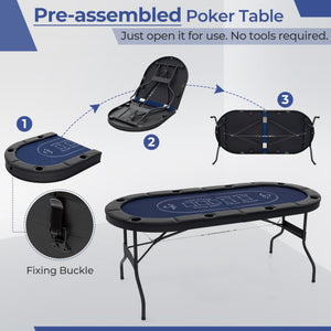 72 Inch Foldable Poker Table for 8 Players Portable Oval Card Board Game Table-Blue