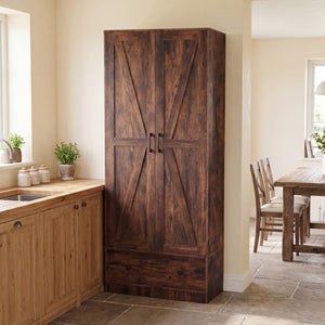 72 Inch Tall Kitchen Pantry Cabinet Farmhouse Wooden Cupboard with 2 Doors-Rustic Brown