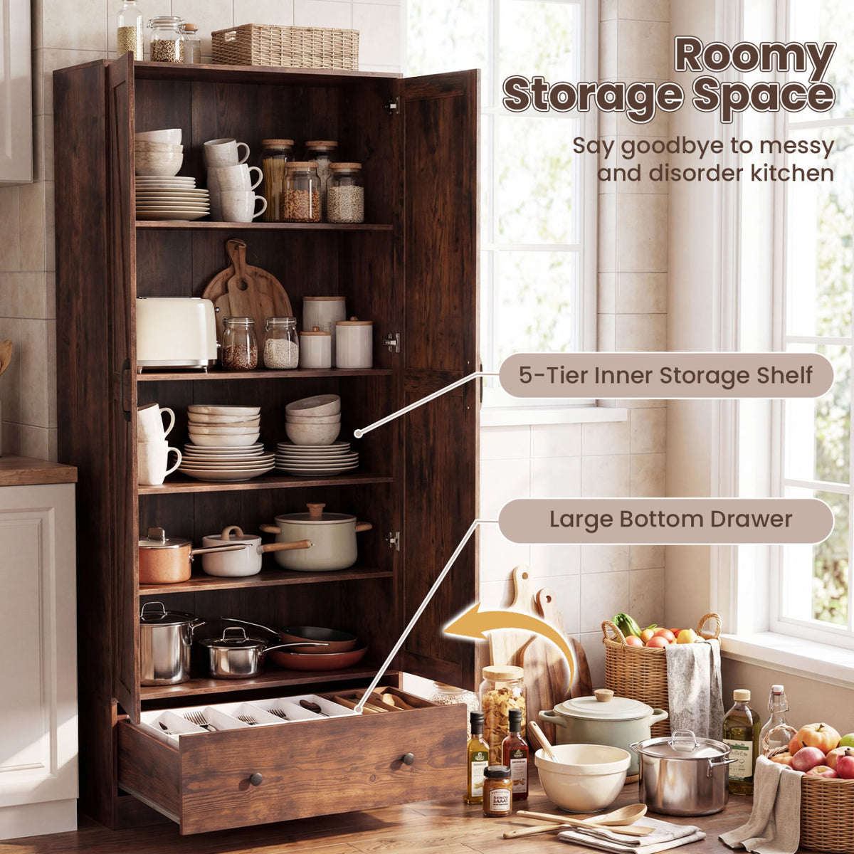 72 Inch Tall Kitchen Pantry Cabinet Farmhouse Wooden Cupboard with 2 Doors-Rustic Brown