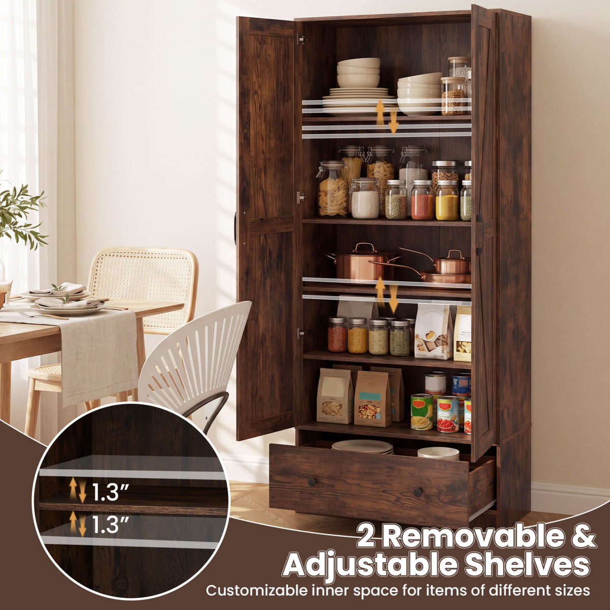 72 Inch Tall Kitchen Pantry Cabinet Farmhouse Wooden Cupboard with 2 Doors-Rustic Brown