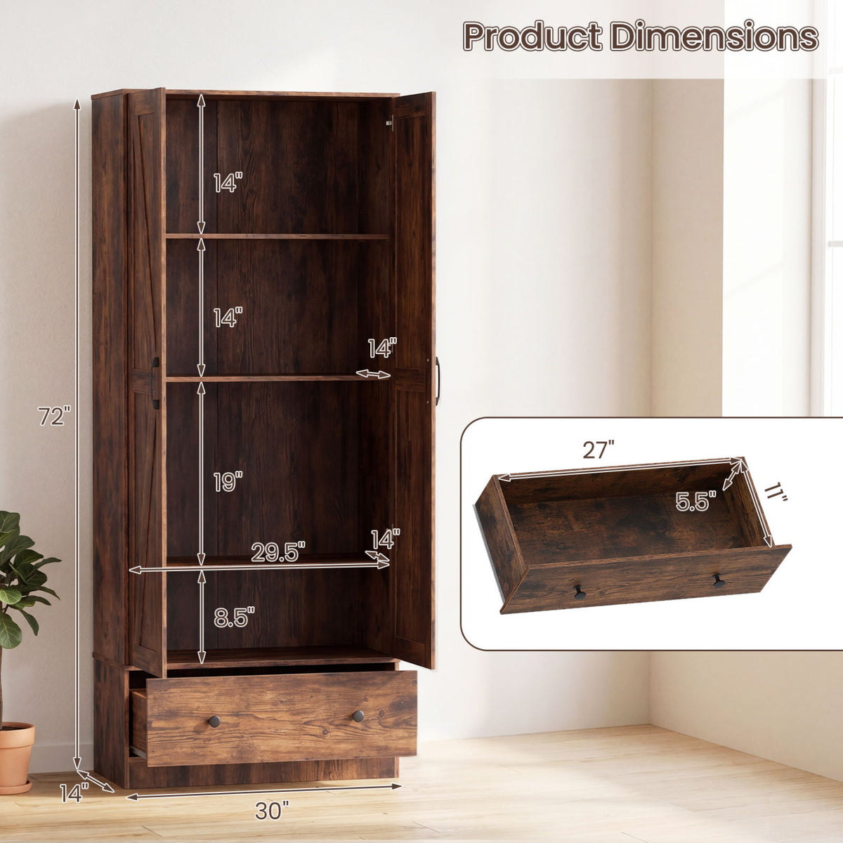 72 Inch Tall Kitchen Pantry Cabinet Farmhouse Wooden Cupboard with 2 Doors-Rustic Brown