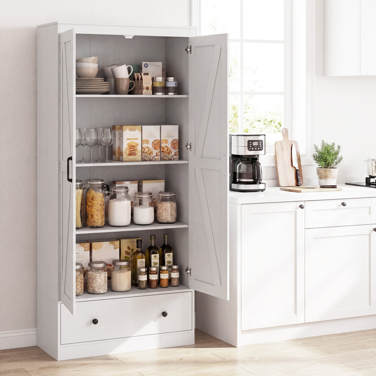 72 Inch Tall Kitchen Pantry Cabinet Farmhouse Wooden Cupboard with 2 Doors-White