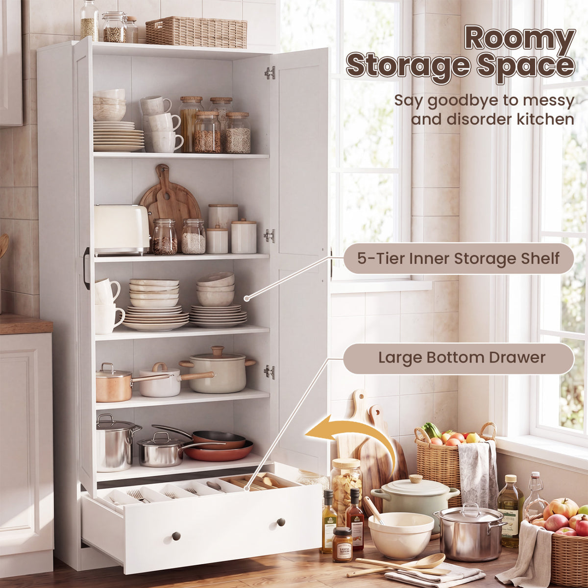72 Inch Tall Kitchen Pantry Cabinet Farmhouse Wooden Cupboard with 2 Doors-White