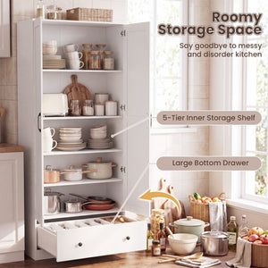 72 Inch Tall Kitchen Pantry Cabinet Farmhouse Wooden Cupboard with 2 Doors-White